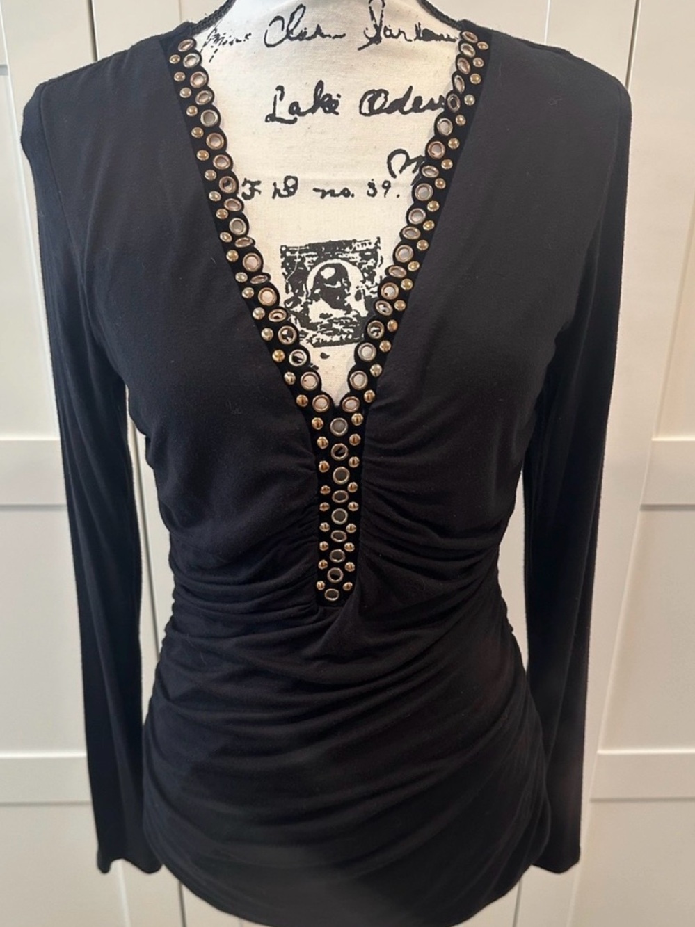 Black Ruched FRONT & SIDES. Long-Sleeve Top with Metallic Grommets size large